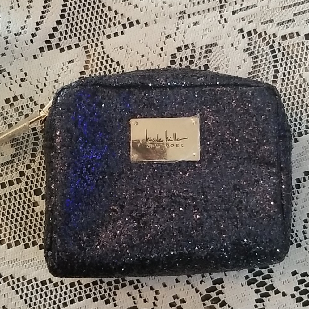 Nicole Miller blue glitter cosmetic bag